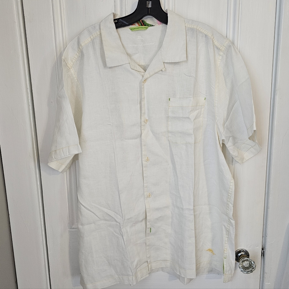 Tommy Bahama Linen Mens XL Off-White Camp Cabana Shirt Short Sleeve Button Up